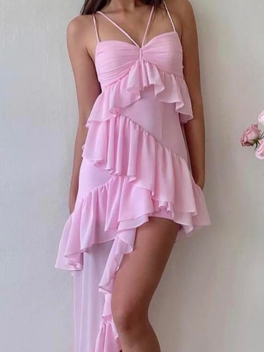 Pink Ruffled Asymmetric Mini Dress with Spaghetti Straps